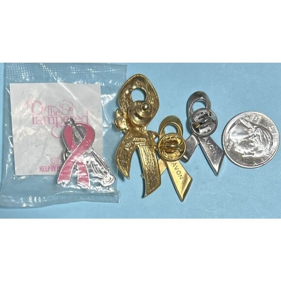 4 Pink Ribbon Pins  Pampered Chef Pink Ribbon & 3 Avon pink Ribbons Pins - Picture 2 of 2